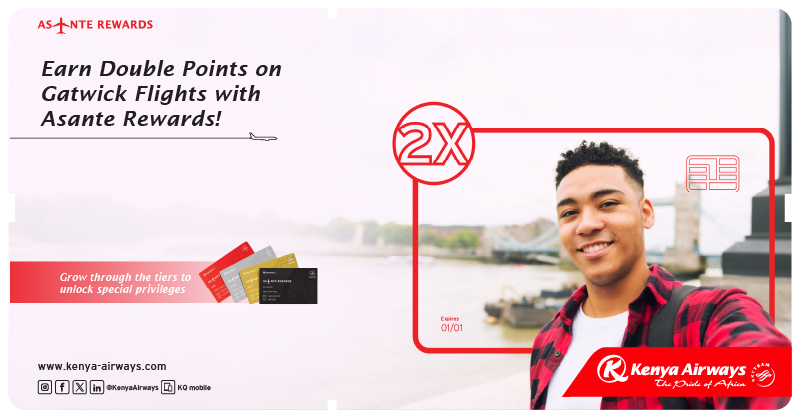 Double the points, double the fun! 
Earn double Asante Rewards points when you fly Kenya Airways to/from Gatwick between 2nd July 2025 and 2nd October 2025. Plus, grow through the tiers to unlock special privileges. 

✈️ Book Now: ow.ly/Vpcj50VSh3M Ts&amp;Cs Apply