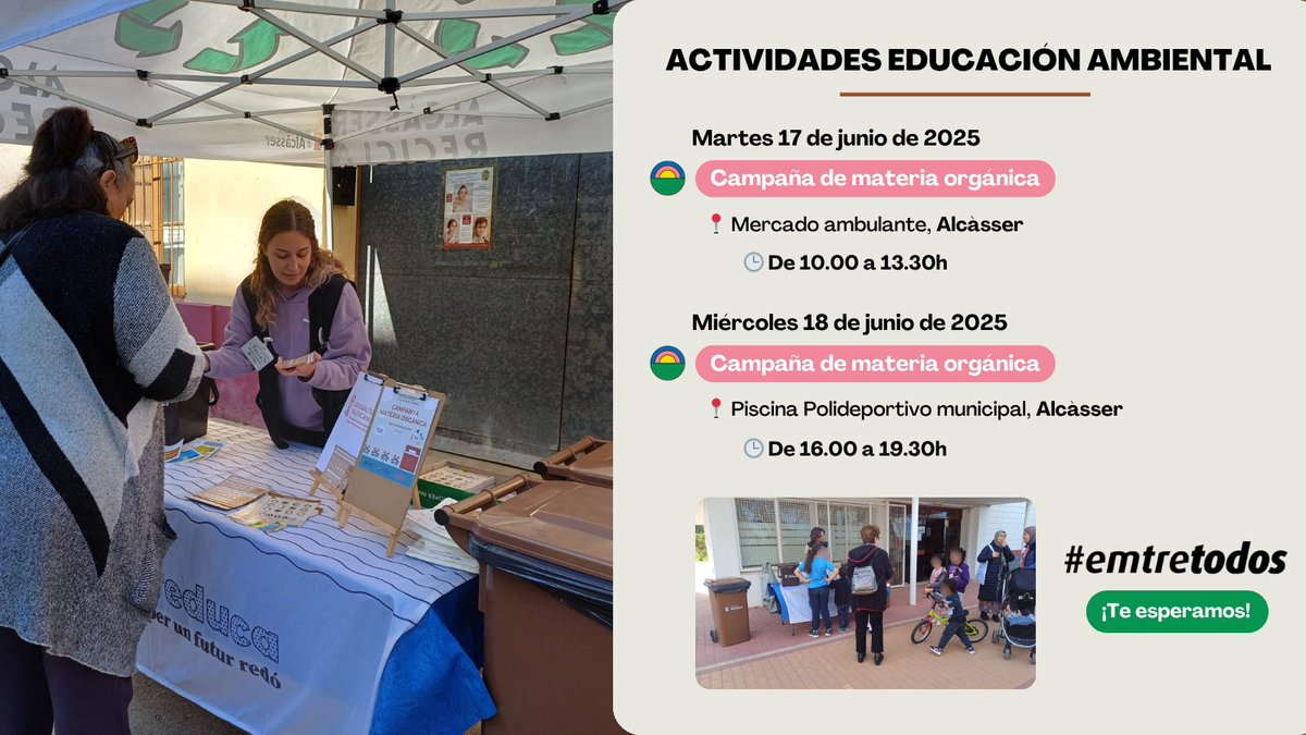 🍊♻️ ¿Vives en Alcàsser? Esta semana hablamos de orgánica.

Hoy y mañana #emtreduca estará en el municipio con su campaña sobre materia orgánica para contarte todo lo que necesitas saber sobre el contenedor marrón.

¡Te esperamos! #emtretodos 🙌