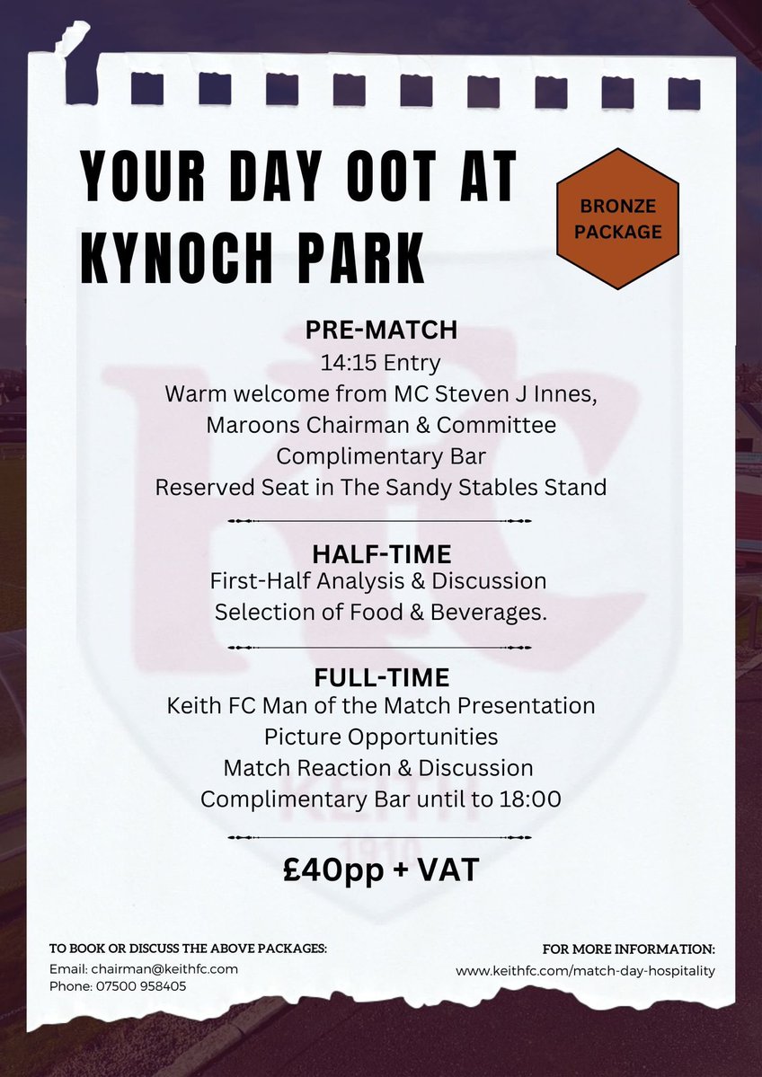 Keith Football Club (@keithfc) on Twitter photo We are taking hospitality bookings for the 2025/2026 season
If you want to secure your spaces please get in touch and get your dates organised.
📧 Chairman@keithfc.com We are taking hospitality bookings for the 2025/2026 season
If you want to secure your spaces please get in touch and get your dates organised.
📧 Chairman@keithfc.com