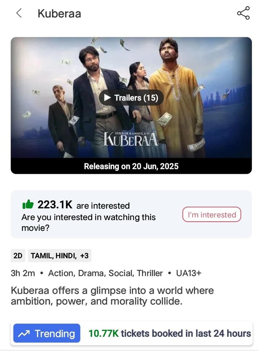 #Kuberaa bookings on fire! 

Over 10k tickets were booked in the last hour on BookMyShow. More shows added, and it's shaping up to be a BIG opening at the box office.