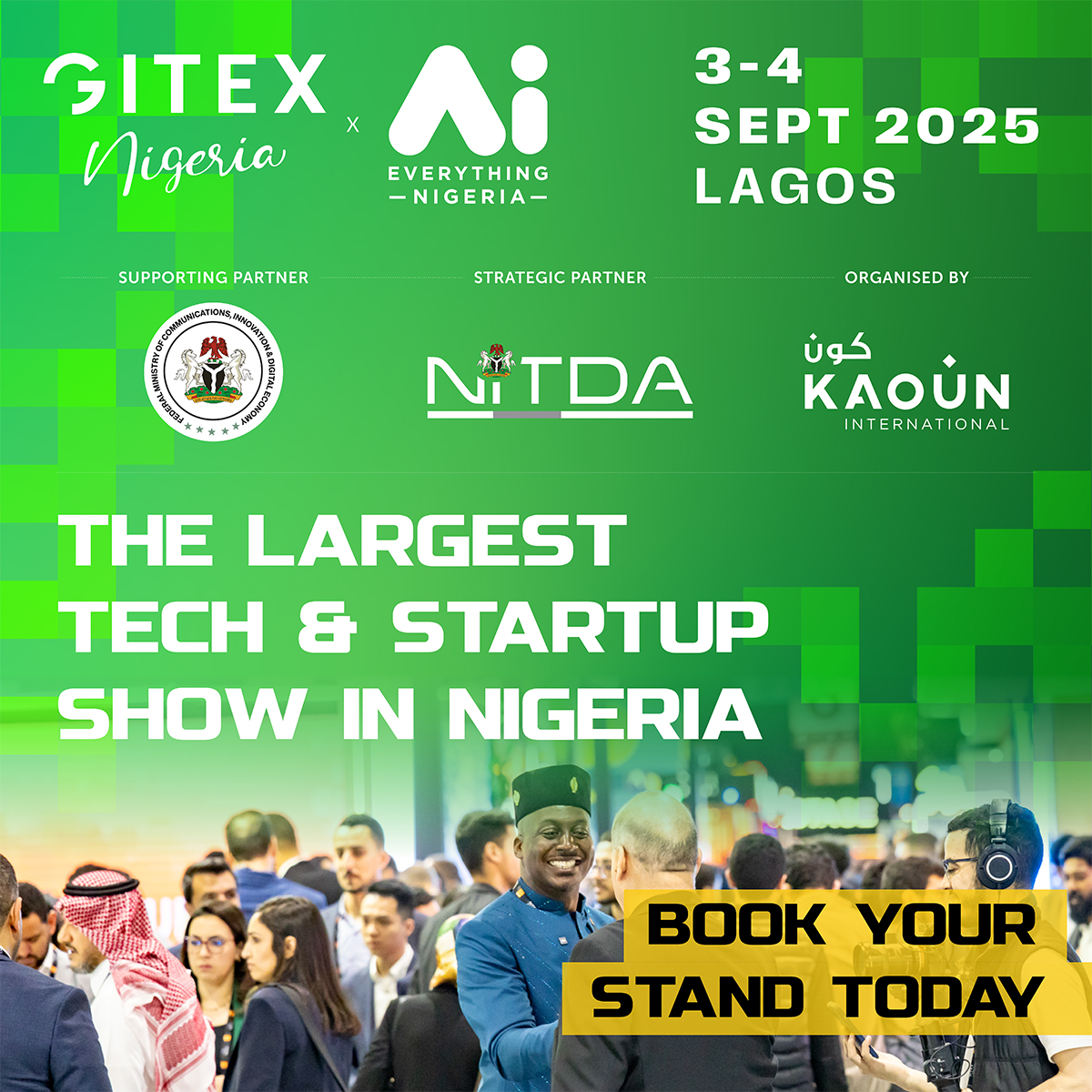 🚀 GITEX is coming to Nigeria for the first time – and it’s BIG!
Backed by NITDA &amp; the Federal Ministry of Communications, Innovation &amp; Digital Economy, GITEX Nigeria 2025 will span Abuja &amp; Lagos, spotlighting Africa’s fastest-growing tech ecosystem 🌍

🎯 Startup Festival + Tech