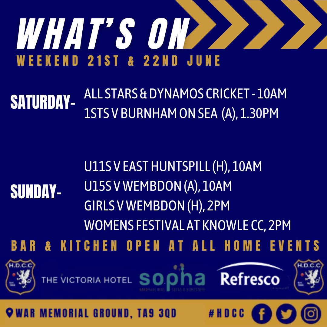 Huntspill Cricket 🏏 (@huntspillcc) on Twitter photo 🏏𝐖𝐡𝐚𝐭’𝐬 𝐨𝐧 𝐭𝐡𝐢𝐬 𝐰𝐞𝐞𝐤🏏
Action packed week of cricket ahead starting with Walking Cricket followed by Midweek Team v <a href="/club_winscombe/">Winscombe Cricket Club 🏏</a> today!
#HDCC💙
⬇️⬇️⬇️ 🏏𝐖𝐡𝐚𝐭’𝐬 𝐨𝐧 𝐭𝐡𝐢𝐬 𝐰𝐞𝐞𝐤🏏
Action packed week of cricket ahead starting with Walking Cricket followed by Midweek Team v <a href="/club_winscombe/">Winscombe Cricket Club 🏏</a> today!
#HDCC💙
⬇️⬇️⬇️