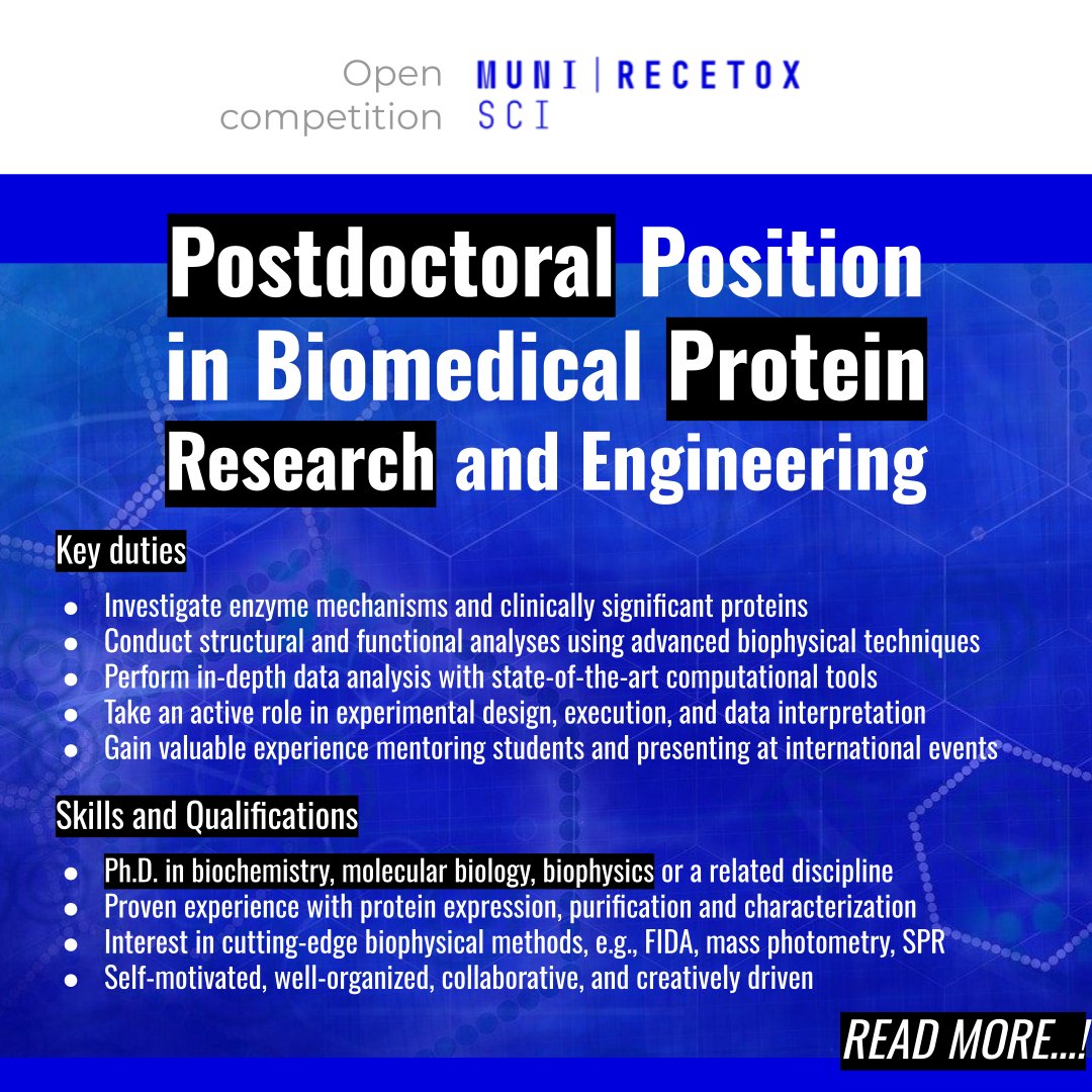 <a href="/RECETOX/">RECETOX</a> is #hiring!
#Postdoctoral Position in Biomedical #Protein #Research and Engineering
Read more: researchjobs.cz/ZZYgk
#biochemistry #molecularBiology #biophysics #proteinEngineering #postdoc #postdocjobs #Brno