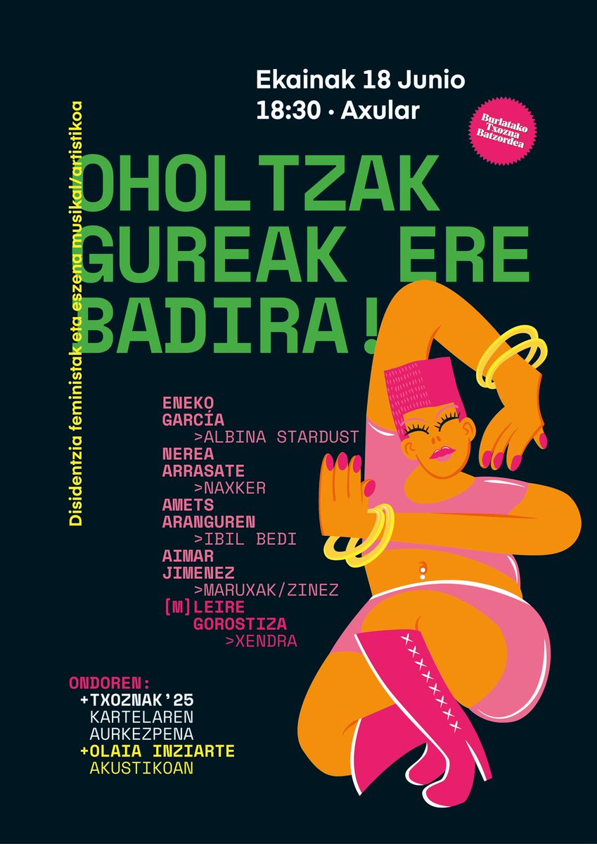 "Disidentzia feministak eta eszena musikala/artistikoa"

Ez galdu Burlatako Txoznetatik biharko antolatu den saioa!

¡No te pierdas la mesa redonda, presentación del cartel y concierto que se han organizado desde Burlatako Txoznak para mañana!