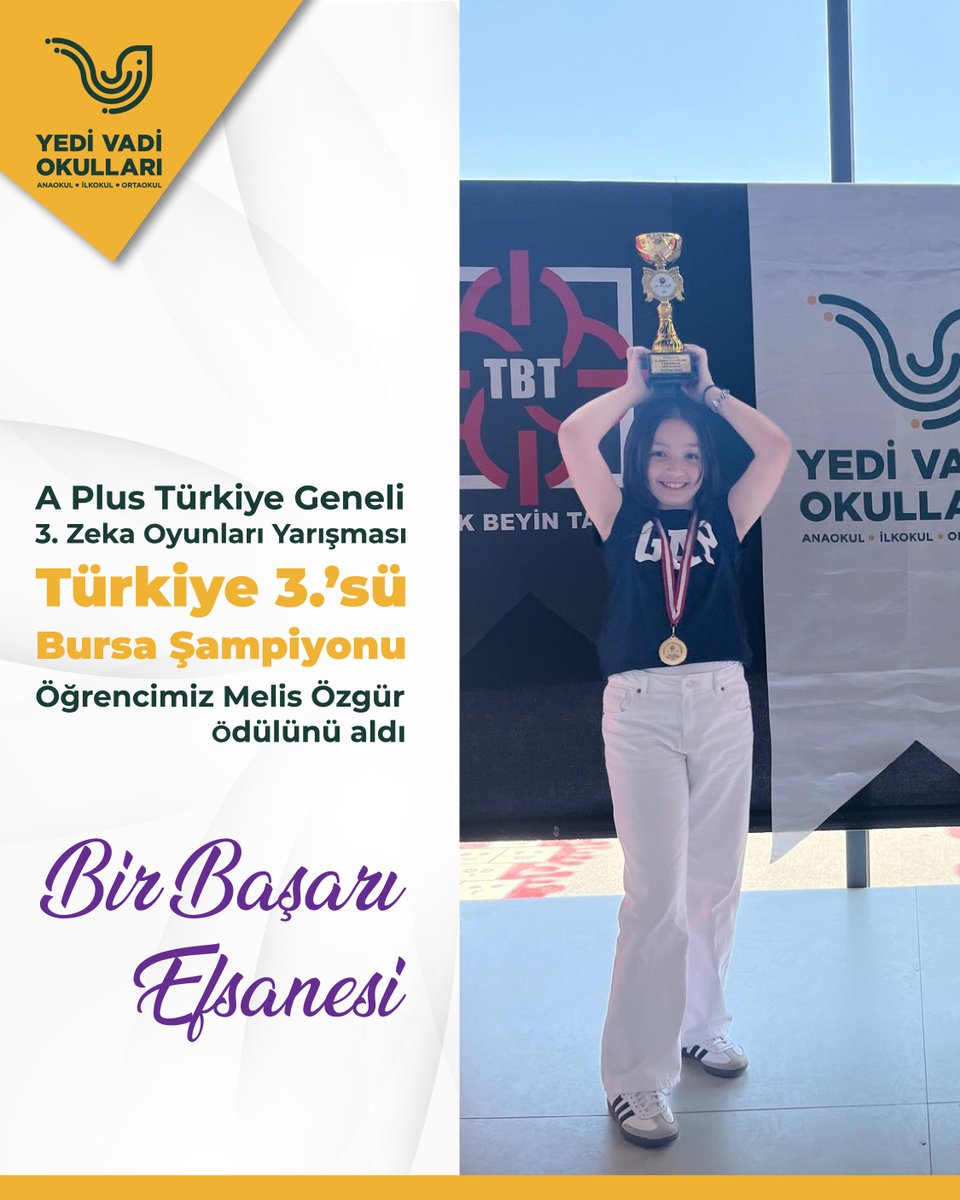 🏆 Bir Başarı Efsanesi Daha!

A Plus Türkiye Geneli 3. Zeka Oyunları’nda öğrencimiz Melis Özgür Türkiye 3.’sü ve Bursa Şampiyonu oldu!

Başarılarıyla ilham veren öğrencimizi ve emeği geçen öğretmenlerimizi kutluyoruz!