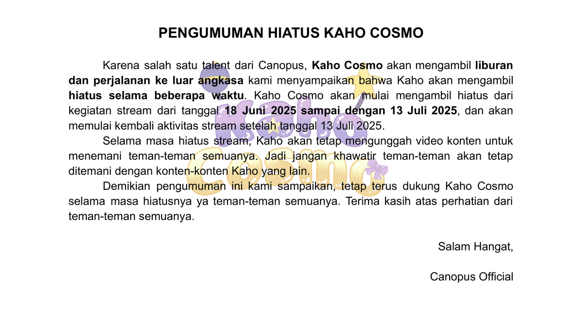 Pengumuman Hiatus Kaho Cosmo!!!

Semoga perjalanan Kaho ke luar angkasa bisa berjalan dengan lancar dan nanti bisa balik dengan banyak cerita dari luar angkasa💜