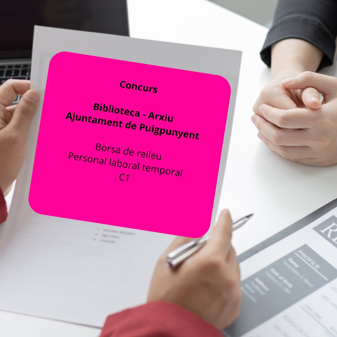 Vols treballar a una biblioteca i arxiu?
Convocatòria i bases, pel sistema de concurs, d'una borsa de relleu de  personal laboral amb categoria encarregat/a de biblioteca -arxiver/a de  l'Ajuntament de Puigpunyent.
Grup C1
Boib 17/06/2025  caib.es/eboibfront/ca/…
#TreballBiblio