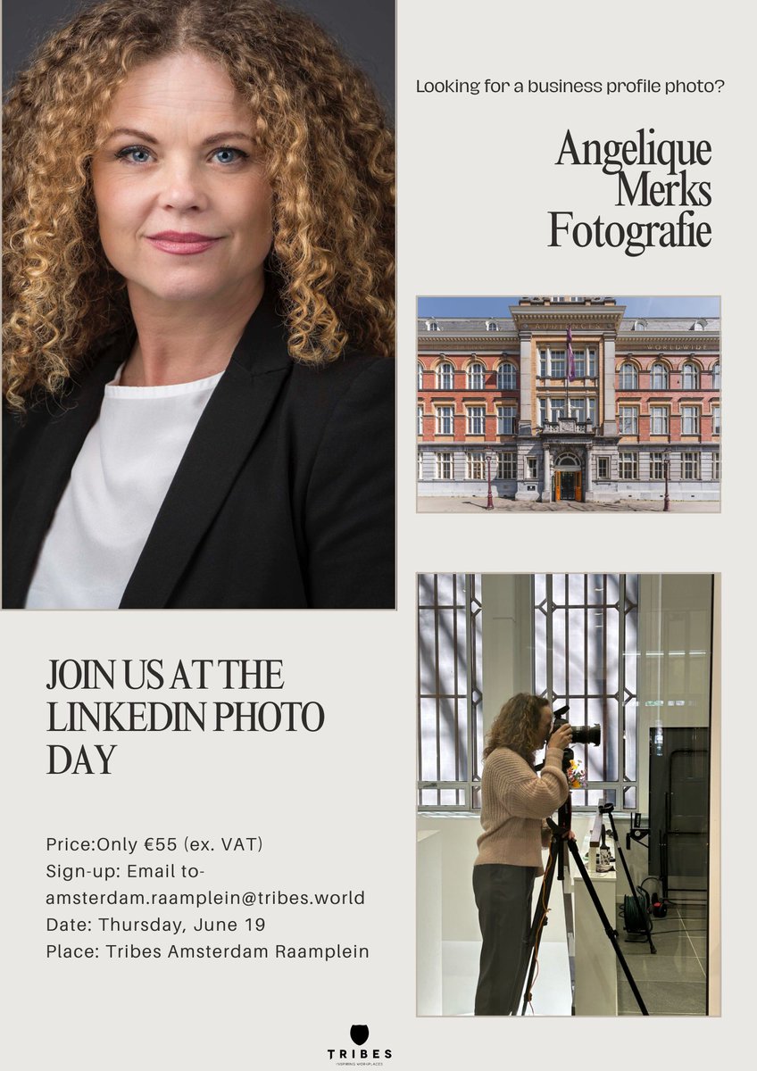 ⏰ Reminder! 📸

Still need a professional LinkedIn photo? Join us June 19 at Tribes Raamplein for a 15-min shoot with Angelique Merks – just €55!

📧 Sign up now!

#LinkedInPhotoDay #TribesRaamplein #AmsterdamEvents #BusinessPortrait #Coworking