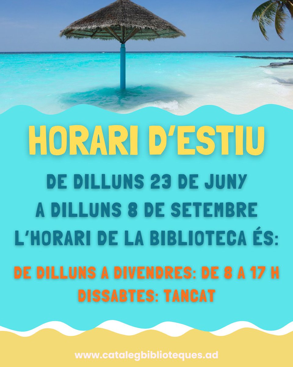 BiblioPúblicaGovern (@bibpubandorra) on Twitter photo 📢 Horaris
🕑 Us informem que la setmana que ve comencem l'#horari d'#estiu! ☀️
<a href="/GovernAndorra/">Govern d'Andorra</a> <a href="/XarxaBiblioAnd/">Xarxa de Biblioteques d'Andorra</a> #aprofiteulestiuperllegir #aprofiteulesvacancesperllegir #llibres #lectura #gustperlalectura #biblioteques #bibliotequesandorra 📢 Horaris
🕑 Us informem que la setmana que ve comencem l'#horari d'#estiu! ☀️
<a href="/GovernAndorra/">Govern d'Andorra</a> <a href="/XarxaBiblioAnd/">Xarxa de Biblioteques d'Andorra</a> #aprofiteulestiuperllegir #aprofiteulesvacancesperllegir #llibres #lectura #gustperlalectura #biblioteques #bibliotequesandorra