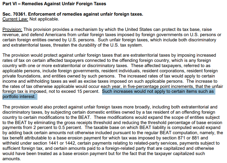 🇺🇸 The Senate Finance Committee released its own provisions for the OBBBA overnight, including Section 899.
Any tax increase would be capped at 15% (instead of 20%), while portfolio interest would be explicitly exempted. finance.senate.gov/imo/media/doc/…