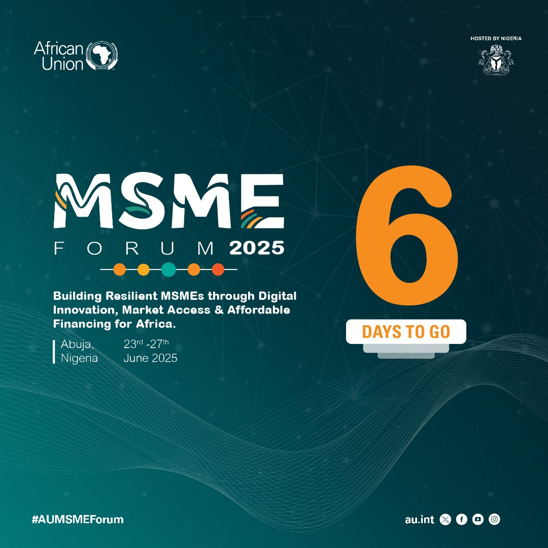 6⃣days to go!
Join us at the AU MSME Forum 2025 in Abuja, Nigeria
Let’s build resilient MSMEs through digital innovation, market access, and affordable financing for Africa.
Don’t miss out!

#AUMSMEForum #MSME #Africa #Innovation