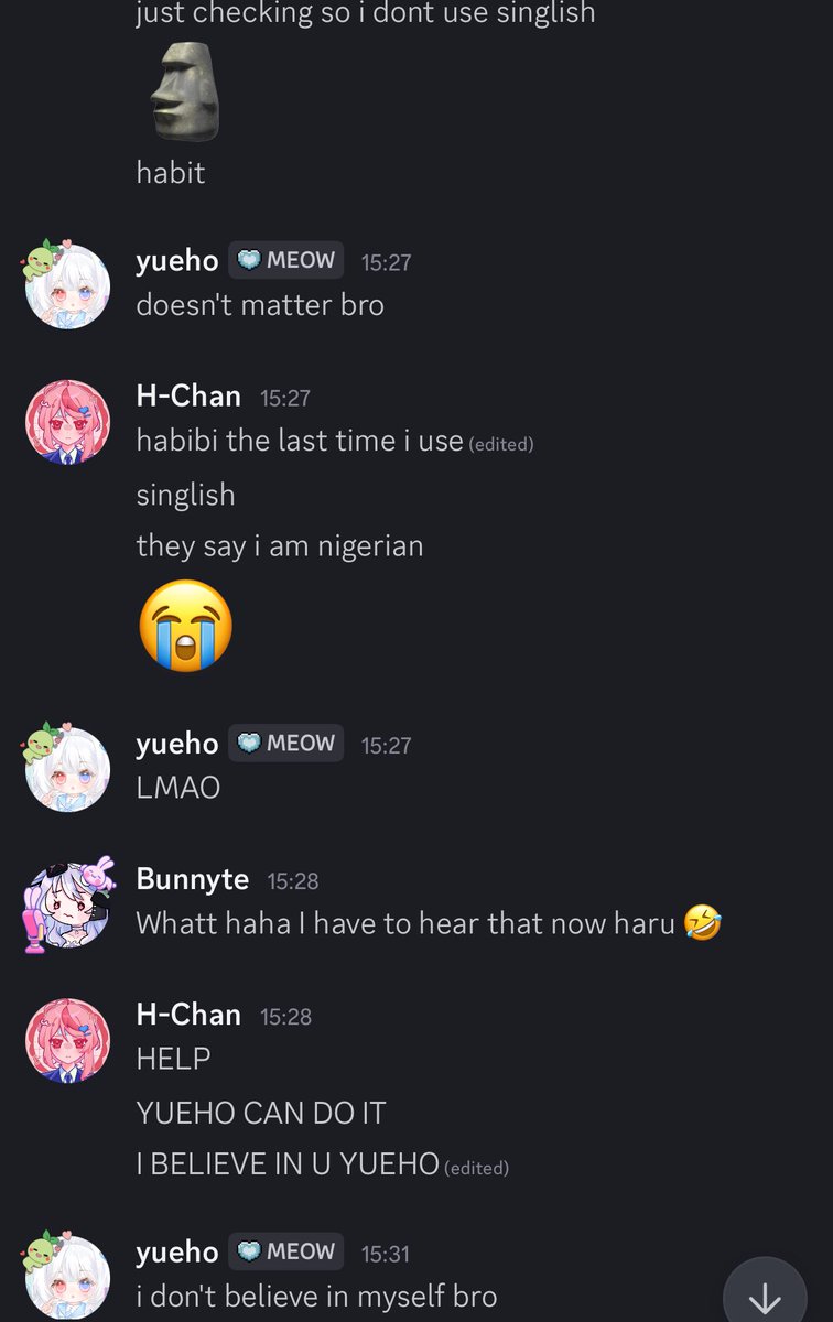 istg every convo with yueho devolves into uncapitalised typing 💀 

anyways im gona be on her strim later with bunny playing lethal company