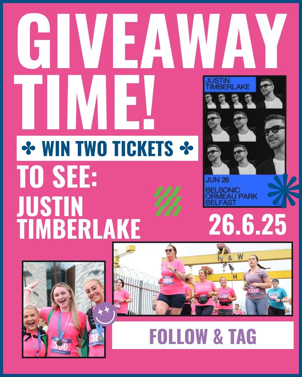 🎫 GIVEAWAY TIME! 💗🎶
To celebrate the Moy Park Belfast City Women’s 10k this Sunday, we’re giving away 2x tickets to see Justin Timberlake <a href="/belsonicbelfast/">Belsonic</a>! ⭐
To enter:
📲 Follow @BelfastCity10K
👯 Tag who you’d take!
T&amp;Cs apply. Winner picked Thurs 19 June!