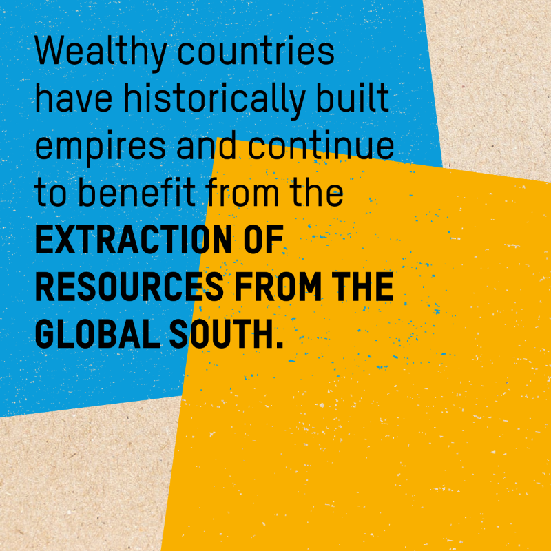 Oxfam's tweet photo. Wealthy nations built their economies by extracting from the Global South — yet still fail to pay their climate debt.​

They let corporations pollute and withhold promised funds from those hit hardest.​

It’s time for justice.​
#MakeRichPollutersPay