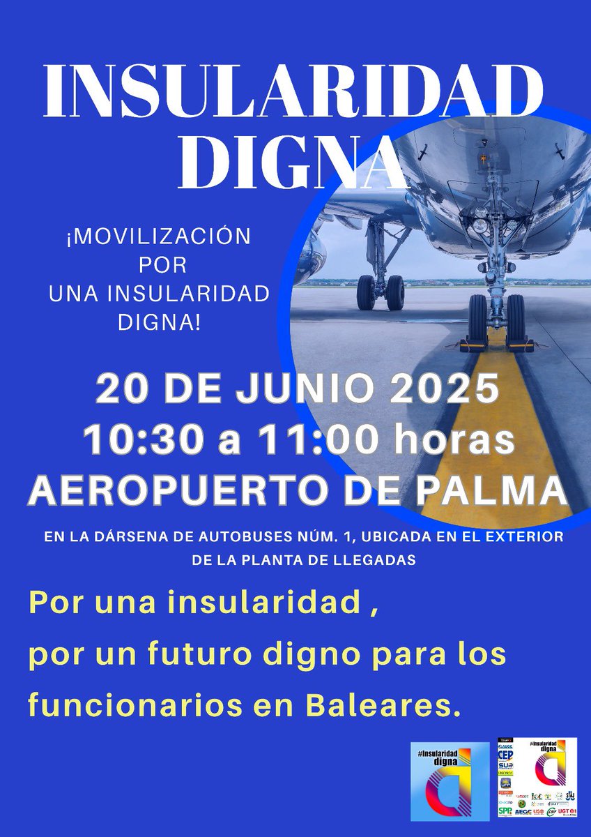 No paramos! 
Te esperamos el próximo día 20 de junio a las 10:30 horas en el aeropuerto de Palma de Mallorca. Tu colaboración es importante! 
¡NO FALTES! 
🩵🩵🩵🩵🩵
#insularidadDigna 
#islasbaleares 
#plusdeinsularidad