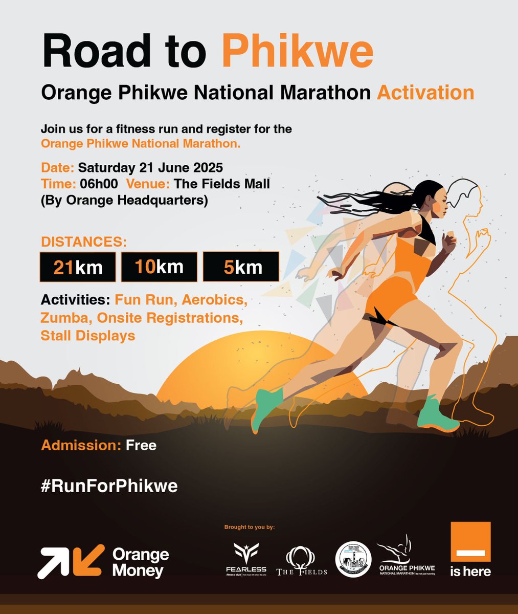 How far can you run?😃🏃🏾
Join us this Saturday at the Fields Mall for an activation as we get ready for the Orange Phikwe National Marathon. Let’s get to the finish line stronger, together.
See you this weekend.
#OrangeBotswana #RunForPhikwe