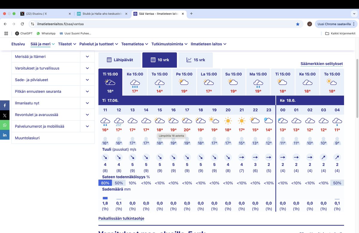 Lyhyt hellejakso näyttäisi olevan ohi ja ainakin seuraavaksi kymmeneksi päiväksi palataan tämän kesän normaaliin. Siitä seuraa ainakin kaksi asiaa. Tärkeämpi on se, ettei kirjanpainaja tykkää ja sen kannan kasvu loppuu. Toisaalta kotimaassa lomiaan aloittavia saattaa harmittaa.