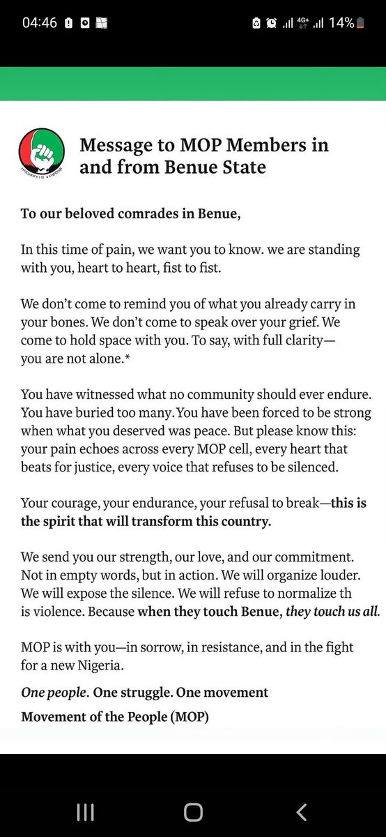 Seun Anikulapo Kuti (@realseunkuti) on Twitter photo The Movement of the People stands in solidarity with the people of Benue.
MOP utterly condemns, the unruly killing of already Suffering Nigerians Citizens by Armed Herders/Nomadic Terrorists using Cows as Shields to invade ancestral lands.
This evil has to stop <a href="/officialABAT/">Bola Ahmed Tinubu</a> The Movement of the People stands in solidarity with the people of Benue.
MOP utterly condemns, the unruly killing of already Suffering Nigerians Citizens by Armed Herders/Nomadic Terrorists using Cows as Shields to invade ancestral lands.
This evil has to stop <a href="/officialABAT/">Bola Ahmed Tinubu</a>