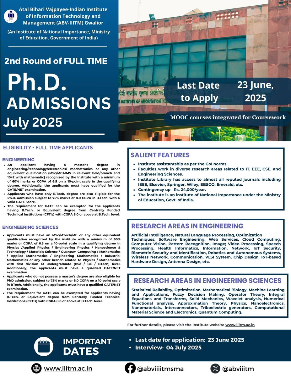 Advertisement for admission in Full-Time Ph.D. Programme, Odd Semester 2025-26 (July 2025) - 2nd Round