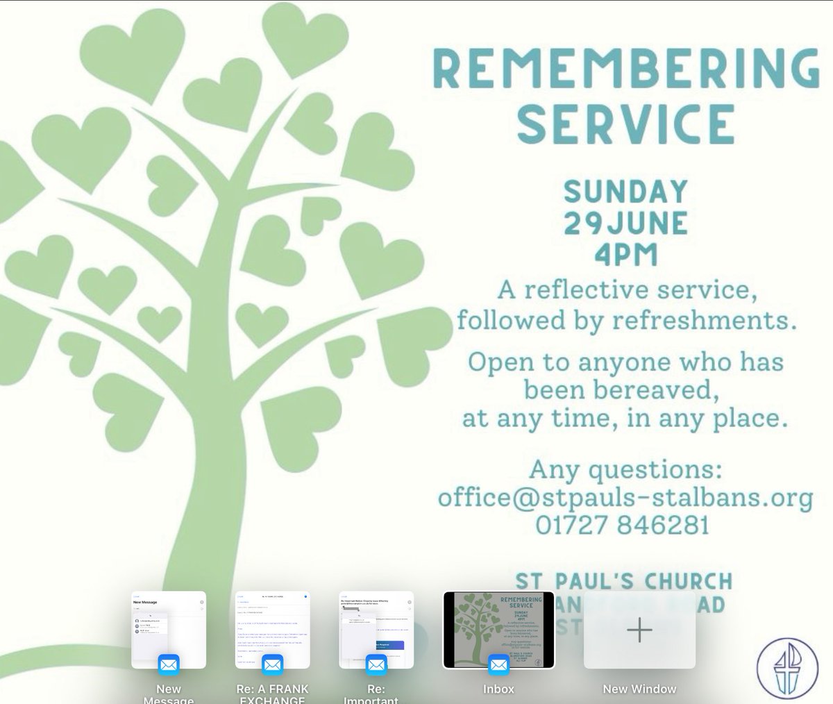 A reminder of our Remembering Service, coming up later this month, for anyone who has been bereaved, either recently or at any time. A chance to remember the loved one, and to spend a time of reflection.