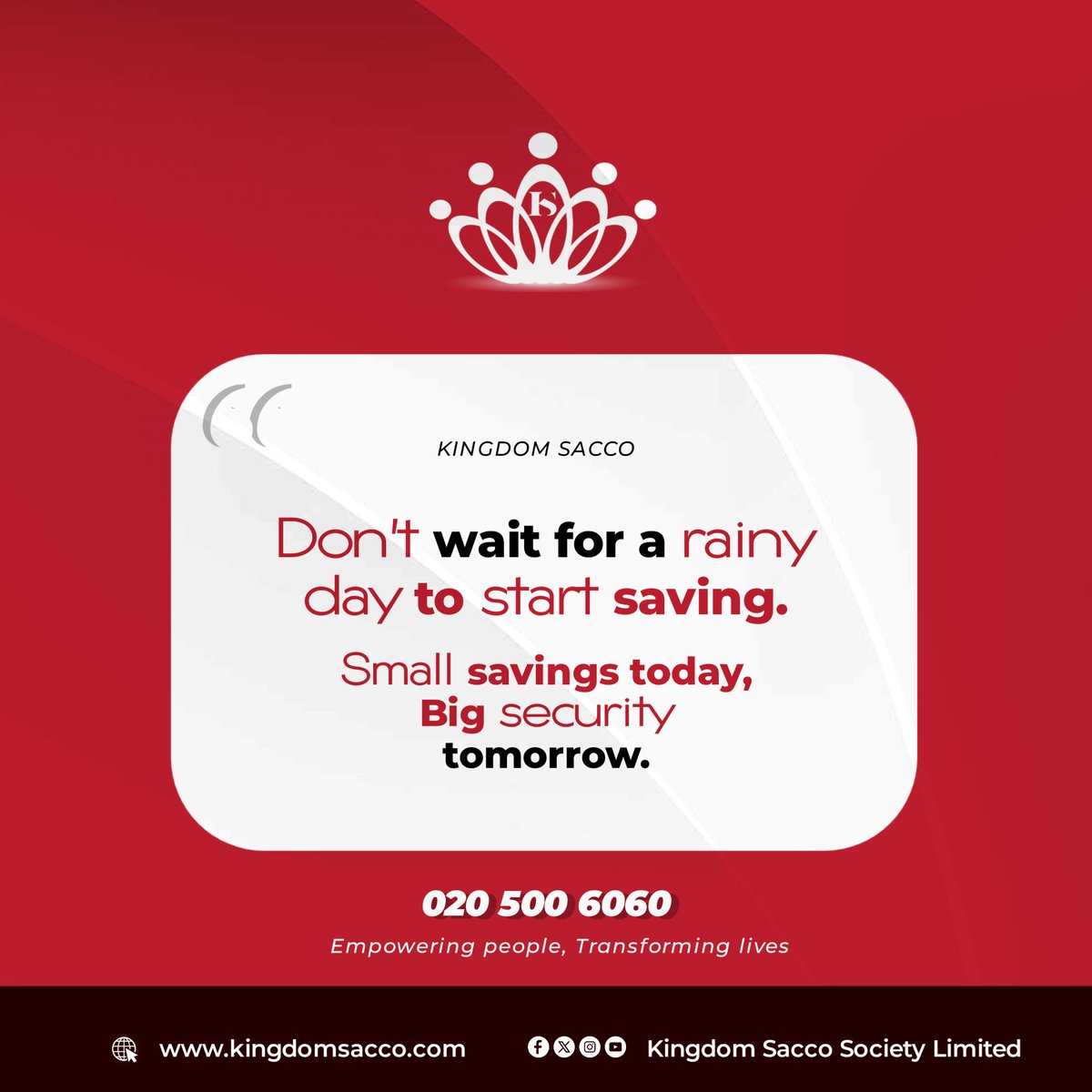 Small and consistent saving habit... turns dreams into achievable goals.

Open your account today and start saving to turn your goals into reality.

Kingdom Sacco App: bit.ly/app_ksacco
📞 020 500 6060

#KingdomSacco #EmpoweringPeopleTransformingLives
#Savings #Sacco