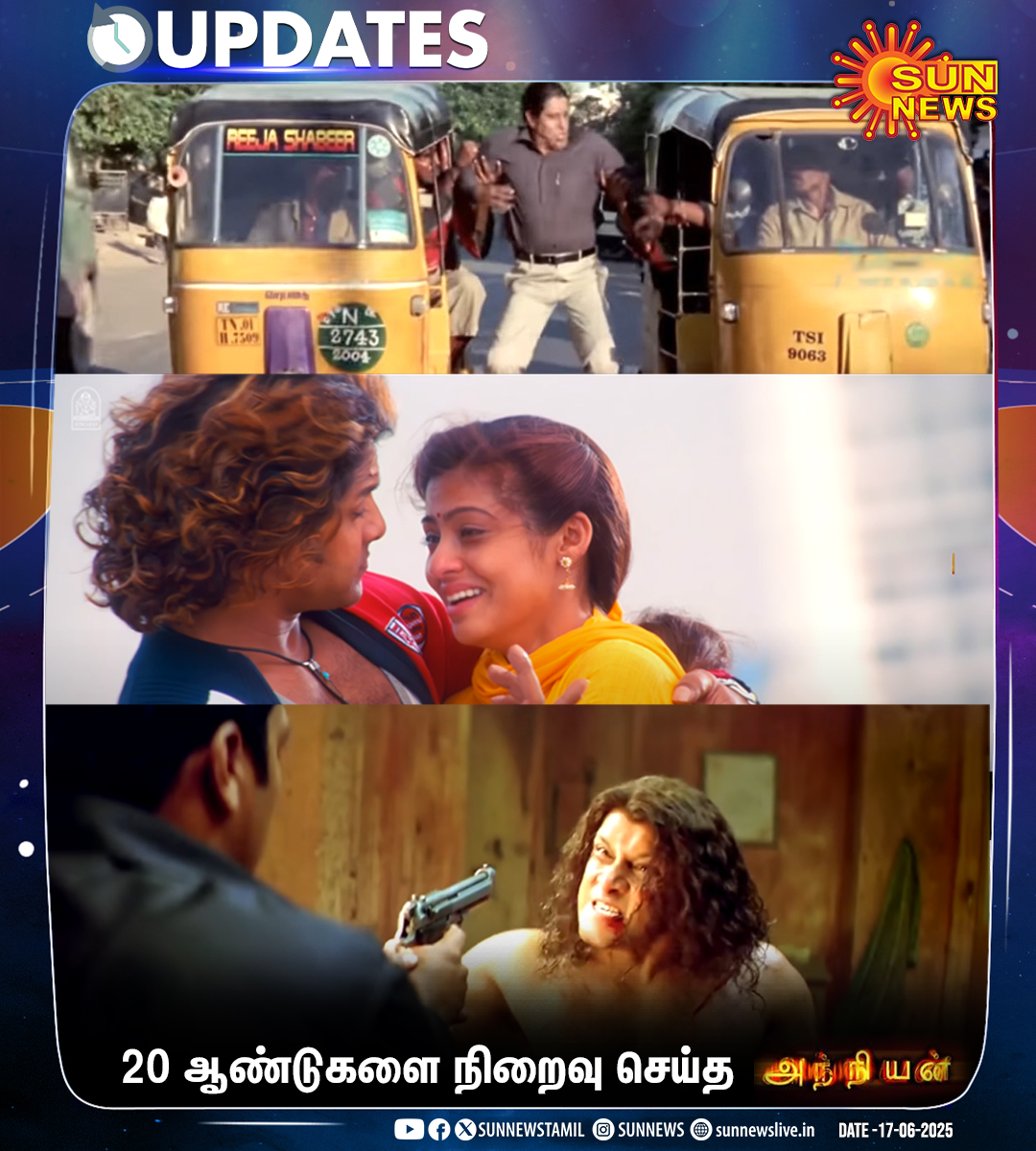 Sun News (@sunnewstamil) on Twitter photo #Updates | ஷங்கர் இயக்கத்தில் விக்ரம், சதா, விவேக், பிரகாஷ் ராஜ் ஆகியோர் நடிப்பில் உருவான 'அந்நியன்' திரைப்படம் வெளியாகி இன்றுடன் 20 ஆண்டுகளை நிறைவு செய்தது.
#SunNews | #20YearsOfAnniyan | <a href="/shankarshanmugh/">Shankar Shanmugham</a> | <a href="/chiyaan/">Vikram</a> | <a href="/prakashraaj/">Prakash Raj</a> #Updates | ஷங்கர் இயக்கத்தில் விக்ரம், சதா, விவேக், பிரகாஷ் ராஜ் ஆகியோர் நடிப்பில் உருவான 'அந்நியன்' திரைப்படம் வெளியாகி இன்றுடன் 20 ஆண்டுகளை நிறைவு செய்தது.
#SunNews | #20YearsOfAnniyan | <a href="/shankarshanmugh/">Shankar Shanmugham</a> | <a href="/chiyaan/">Vikram</a> | <a href="/prakashraaj/">Prakash Raj</a>