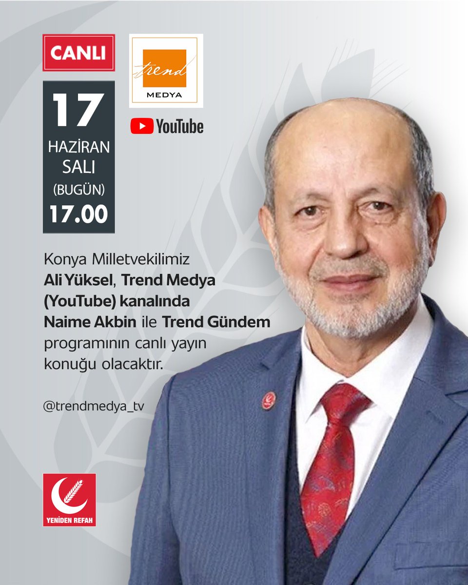 Konya Milletvekilimiz Ali Yüksel, Trend Medya (YouTube) kanalında Naime Akbin ile Trend Gündem programının canlı yayın konuğu olacaktır.

📅  17 Haziran Salı (Bugün)
🕐  17.00
📡  Trend Medya (YouTube)