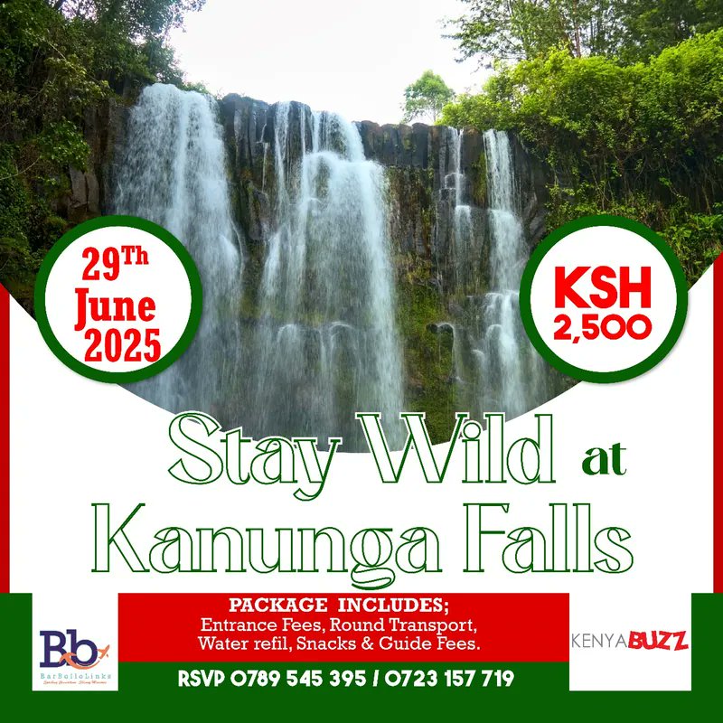 Ready to escape the city &amp; chase waterfalls at Kanunga Falls? 🌿🌊

🗓️ Date: 29th June 2025
📍 Location: Kanunga Falls
🎟️Buy tickets: kenyabuzz.com/events/event/s…

Ticket includes Entrance fee, round transport, water refills, snacks &amp; guide fees.

#StayWild2025 #KanungaFalls