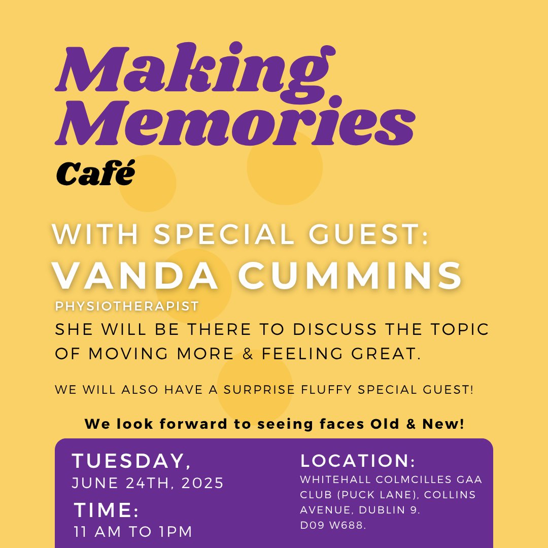We are back this Tuesday, the 24th of June.
This month, we have a special guest - Physiotherapist Vanda Cummins!
She will be discussing moving more &amp; feeling great.
And, we also have a surprise fluffy guest!

Looking forward to seeing you all!
#Cafe #Whitehall #AlzheimersIreland