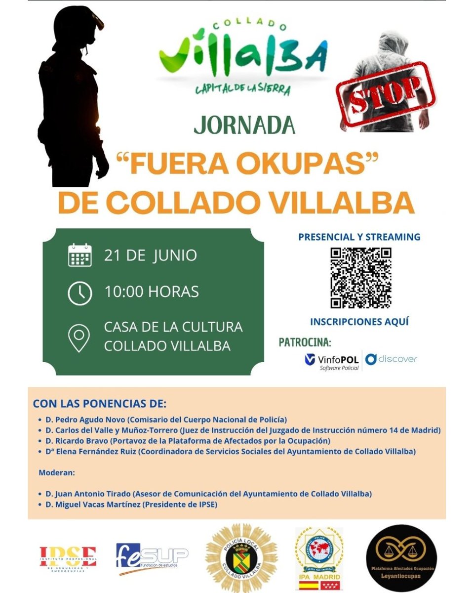 Os recordamos que, el próximo sábado, se llevará a cabo la Jornada de Formación y Prevención abierta al público bajo el título:

“Fuera okupas de Collado Villalba”

🗓 Sábado, 21 de junio

⏰️ 10 a 13 h

📍 Casa de la Cultura de Collado Villalba
  Avda. Juan Carlos I, 12
