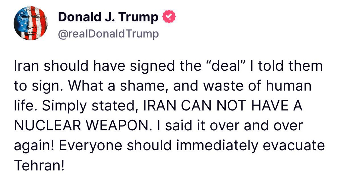 I didn’t think I would have to clarify this, but this post in no way indicates that the US are about to strike Iran.

Israel just said they are going to strike Tehran again, so Trump said get out.

Just observe. Wait and see what happens.

The hysteria is out of control.😨🔥