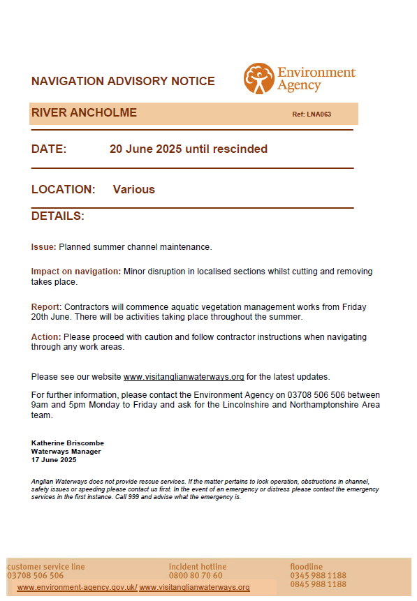 Please see our Navigation Advisory Notice for the River Ancholme.