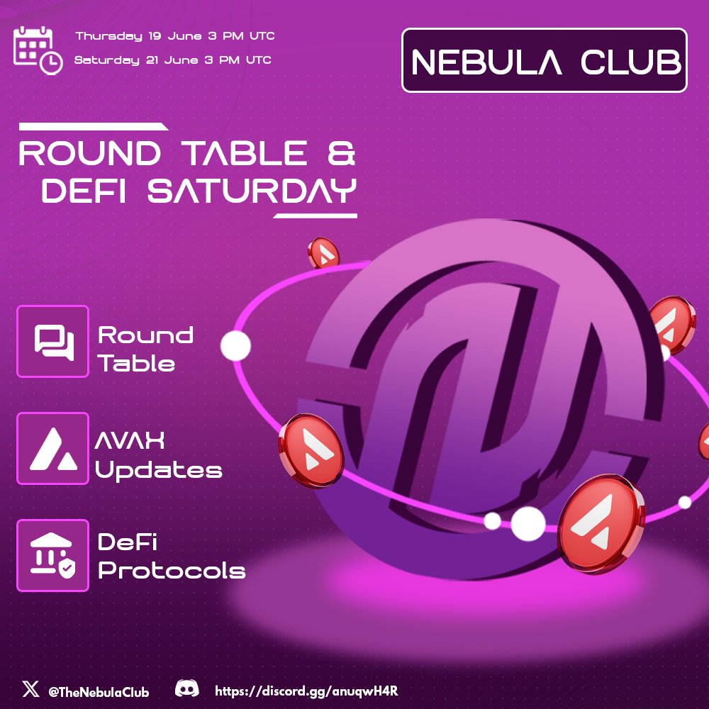 Gnebula's

Happy New Week

This Week We'll Be Having 

- Weekly Round Table Talk On Thursday 3 PM UTC Where We Will Be Talking All About What's Happening On Avax.

- Defi Night On Sat 3 Pm UTC We Will Be Diving Into Defi.

See You There
Have A Great Day