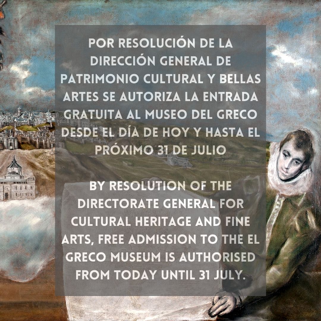 Por Resolución de la Dirección General de Patrimonio Cultural y Bellas Artes se autoriza la entrada gratuita al Museo del Greco desde el día de hoy y hasta el próximo 31 de julio.

#MuseoDelGreco #ElGreco #EntradaGratuita #Toledo #SomosCultura