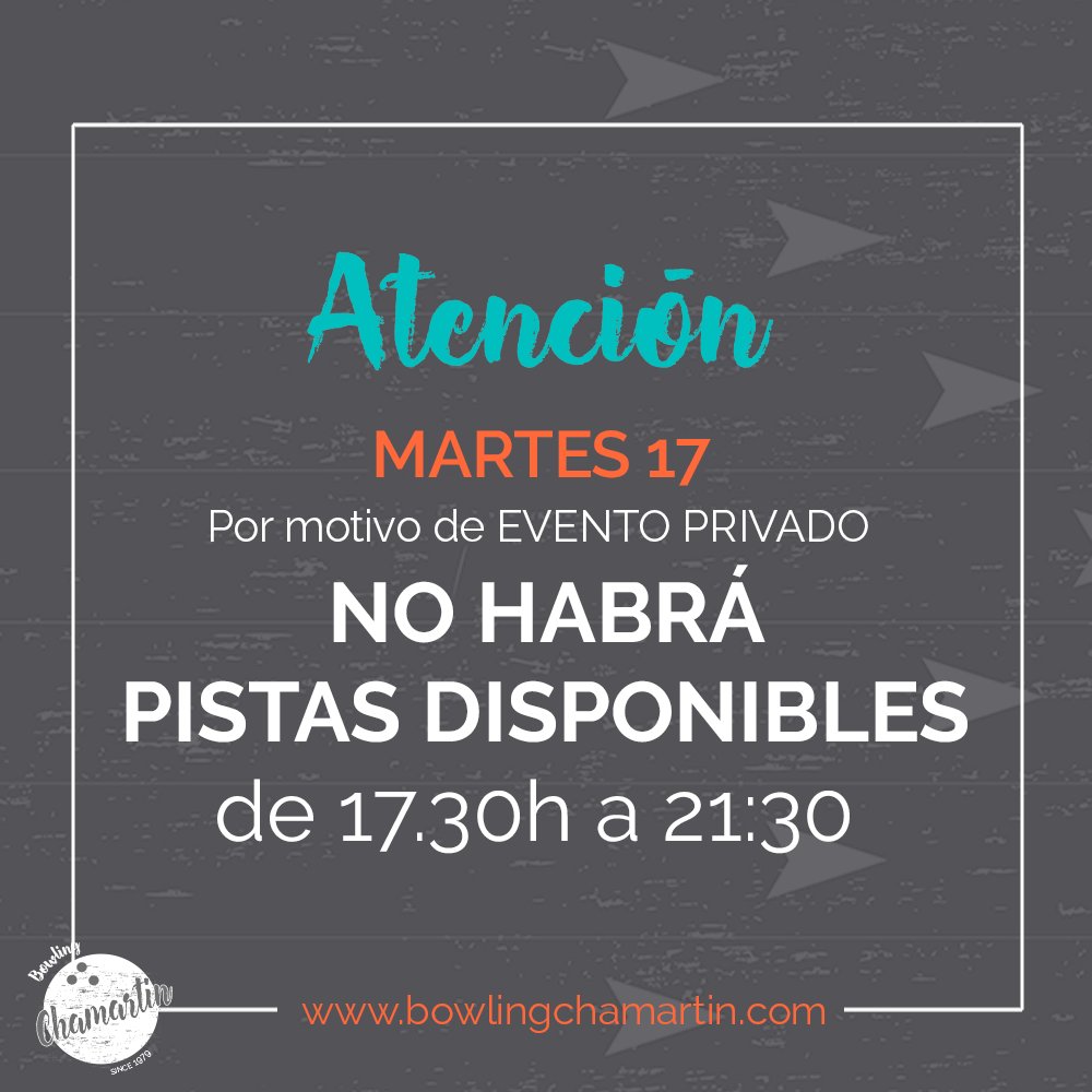 🚨 AVISO para bowling lovers 🚨
Hoy no tendremos pistas disponibles de 17:30h a 21:30h por un evento privado. Disculpad las molestias.

La bolera estará abierta y por supuesto, después del evento volveremos a hacer rodar la bola 😉 ¡Nos vemos! 
#boleramadrid #planesmadrid