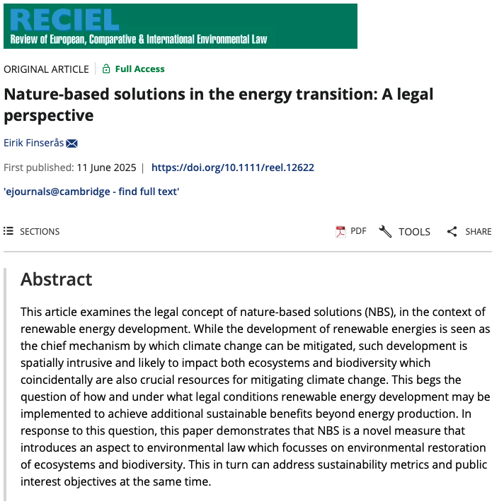 RECIELjournal's tweet image. New in @RECIELjournal: Can renewables restore nature?

Eirik Finserås explores how nature-based solutions (NBS) like agrivoltaics &amp;amp; marine habitat restoration can deliver net positive impacts—but are they legally required?

Read more: doi.org/10.1111/reel.1…
