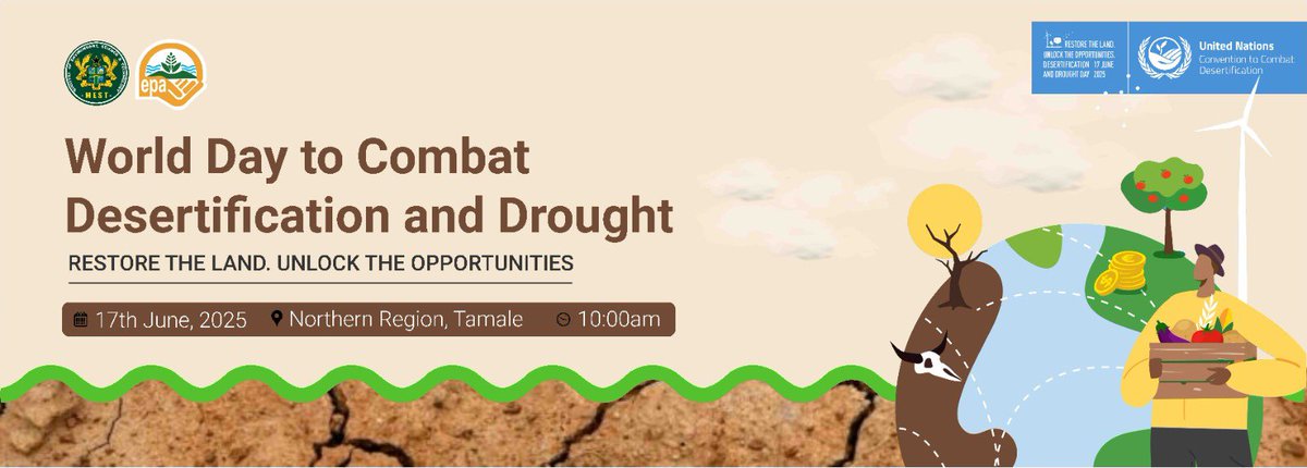 EPA_Ghana's tweet photo. Join us live at Tamale Jubilee Park today for World Day to Combat Desertification and Drought celebrations! We are hosting a durbar and tree-planting event under the themes 'Restore the Lands: Unlock the Opportunity' and 'One Child, One Tree'. 🌳💚 https://t.co/Kcgab9NlOi