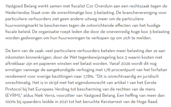 ArjenRobijn's tweet image. Vastgoed Belang daagt de Nederlandse Staat vanwege de onrechtmatige box 3-heffing.

Jammer dat het nodig is, maar goed dat het gebeurt!

Benieuwd wat een Europese rechter straks vindt van ‘werkelijk rendement’ zonder kostenaftrek.

vastgoedbelang.nl/actueel/nieuws… #belasting #vastgoed