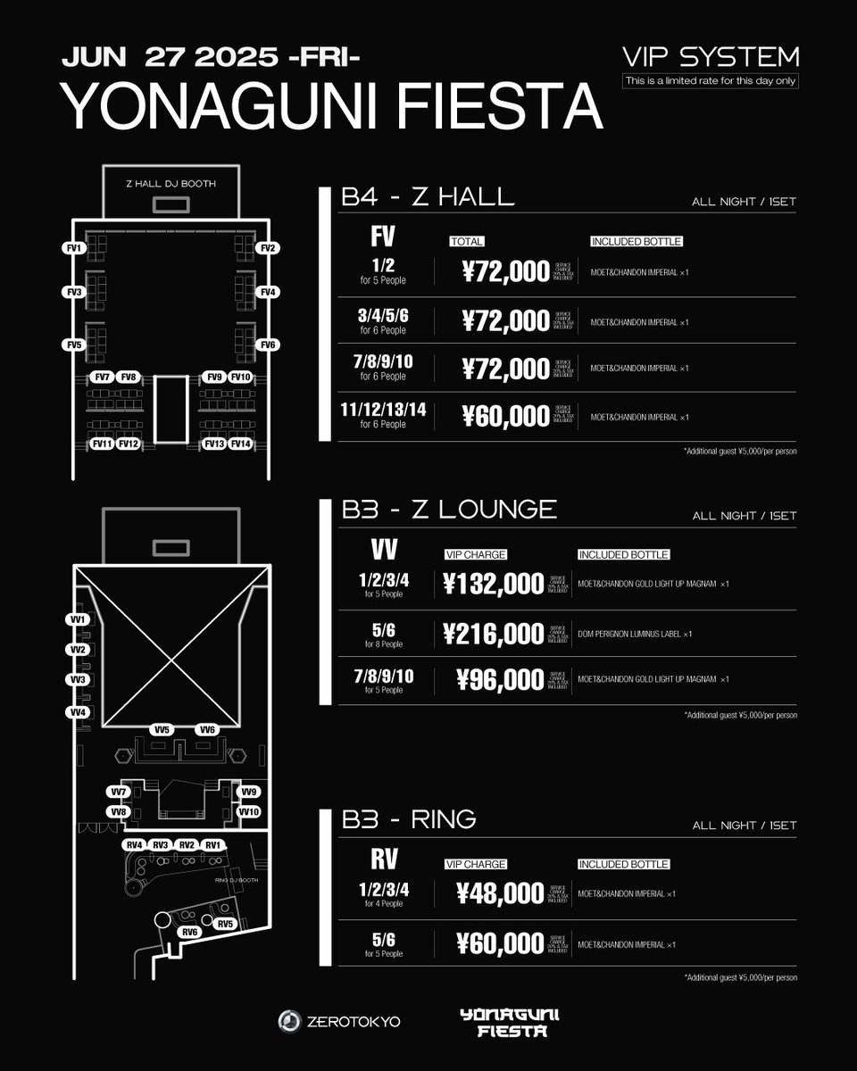 2025.6.27(金) 
YONAGUNI FIESTA
OPEN 11PM
HP：zerotokyo.jp/event/yonaguni… 
DOOR：
Men ¥4,000-
Women ¥3,000-
FASTPASS TICKET：
Men ¥3,500-（優先入場・入場料金含む）
Women ¥2,500- （優先入場・入場料金含む）
TICKET：
yonagunifiesta.com/products/tokyo…

【Z HALL】
〈REGGAETON NEW &amp; OLD HITS / ALL