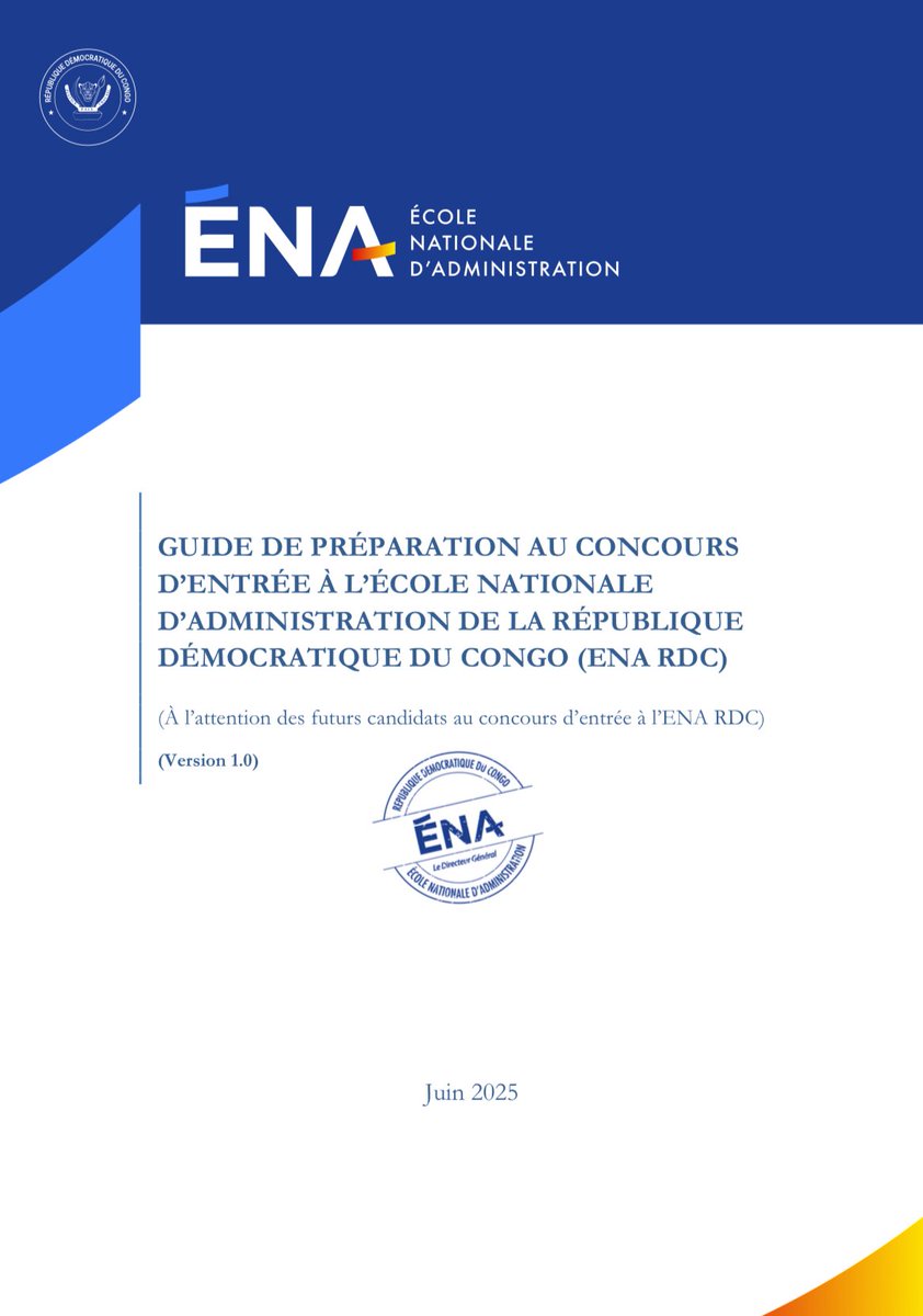 EnaRDC_Officiel's tweet image. 📣 L’@EnaRDC_Officiel s’apprête à lancer l’appel à candidatures pour sa 10ᵉ promotion (2025-2026).

Pour la toute première fois, un Guide de préparation est mis à la disposition de futurs candidats. Il offre des repères utiles sur l’étendue des sujets à préparer.…