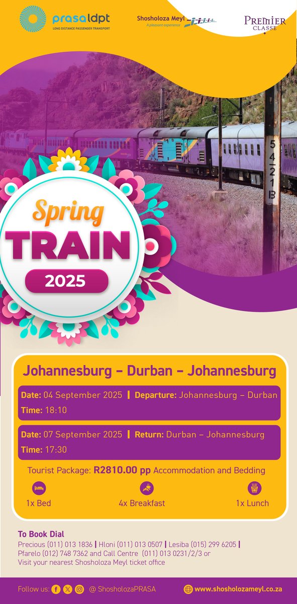 Shosholoza Meyl PRASA (@shosholozaprasa) on Twitter photo Yes, there's a Spring Break train to Durban available; the journey itself is an experience. You don't want to miss out on this one! <a href="/PRASA_Group/">PRASA Group</a> <a href="/ShotLeft/">Sho't Left</a> <a href="/dbntourism/">Durban Tourism</a> <a href="/GautengTourism/">Gauteng Tourism Authority</a> Yes, there's a Spring Break train to Durban available; the journey itself is an experience. You don't want to miss out on this one! <a href="/PRASA_Group/">PRASA Group</a> <a href="/ShotLeft/">Sho't Left</a> <a href="/dbntourism/">Durban Tourism</a> <a href="/GautengTourism/">Gauteng Tourism Authority</a>