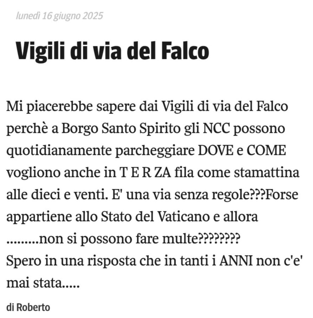 Battaglia persa (@battaglia_persa) on Twitter photo Avvisate Roberto che i vigili di via del Falco sono occupati in attività invisibili (cit.), impegnati in altre urgenze (cit.), sono pigri (cit.), avanza troppa Roma (cit.) però erogano un servizio di alto livello che non ha eguali nella P.A. (cit.) <a href="/Antincivili/">Segnalatore Seriale</a>
<a href="/PLRCparodyTM/">PLRC ᵖᵃʳᵒᵈʸ™</a> Avvisate Roberto che i vigili di via del Falco sono occupati in attività invisibili (cit.), impegnati in altre urgenze (cit.), sono pigri (cit.), avanza troppa Roma (cit.) però erogano un servizio di alto livello che non ha eguali nella P.A. (cit.) <a href="/Antincivili/">Segnalatore Seriale</a>
<a href="/PLRCparodyTM/">PLRC ᵖᵃʳᵒᵈʸ™</a>