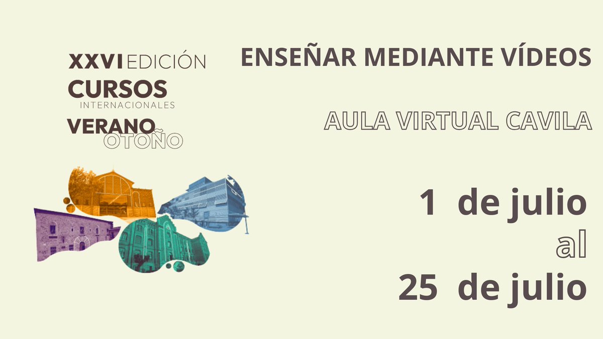 XXVI Edición Cursos de Verano/Otoño de <a href="/infouex/">UEx</a>  
Innova en tus clases y descubre nuevos caminos para mejorar tu metodología docente a través de nuestra formación con <a href="/AULA_CAVILA/">Cavila</a>:  
➡️Enseñar mediante videos  
Inscripciones: eventos.unex.es/verano 
Elige #UEx elige #Extremadura