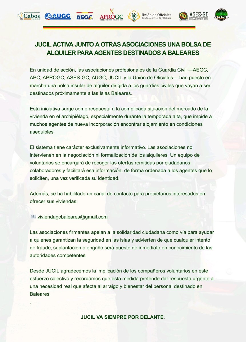 🔔 𝐂𝐨𝐦𝐮𝐧𝐢𝐜𝐚𝐝𝐨 #𝐔𝐑𝐆𝐄𝐍𝐓𝐄

🤝 UNIDAD DE ACCIÓN 🤝

🚨 Las Asociaciones Profesionales de la #GuardiaCivil piden colaboración ciudadana para paliar la emergencia habitacional de los nuevos agentes en #Baleares. 

‼️#𝗜𝗴𝘂𝗮𝗹𝗱𝗮𝗱𝗗𝗲𝗥𝗲𝘀𝗶𝗱𝗲𝗻𝗰𝗶𝗮𝗬𝗮‼️