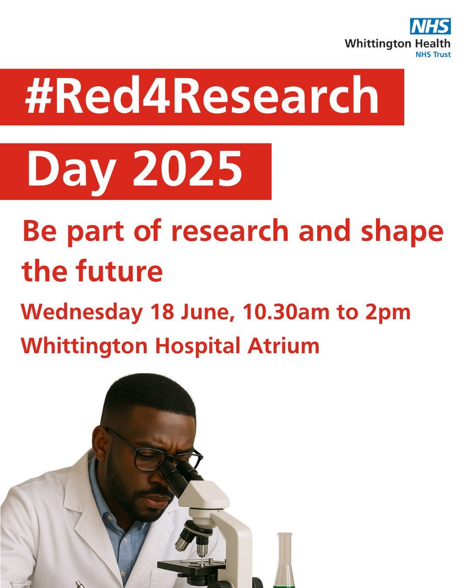 Join Whittington Health's Research team in our hospital's atrium tomorrow from 10.30am to 2pm to celebrate International Clinical trials and #Red4Research Days.

Participating in health research creates meaningful change in NHS. Come and say hi and learn about getting involved.💙