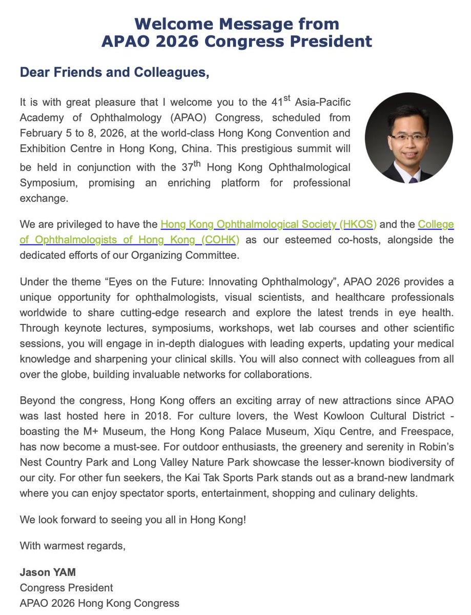 📣 A warm welcome from Prof. Jason Yam, APAO 2026 Congress President!

Join us in Hong Kong, Feb 5–8, 2026, for a transformative experience in ophthalmology and eye care innovation. 🇭🇰🌏

#APAO2026 #APAO