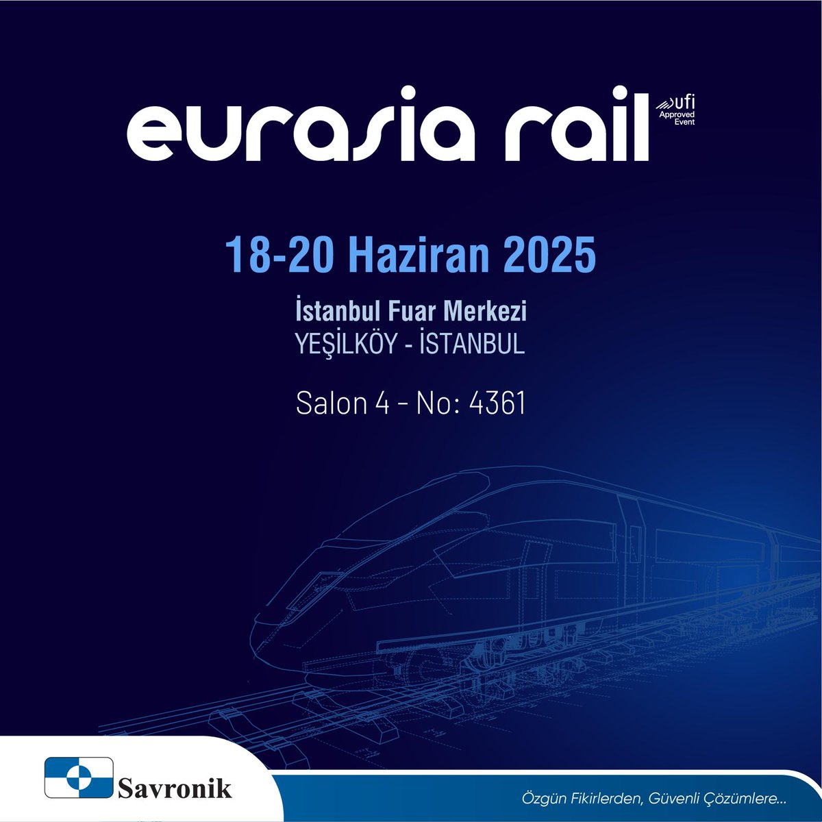 18-20 Haziran 2025 tarihleri arasında düzenlenecek Eurasia Rail Fuarı’nda, yerli ve yenilikçi raylı sistem teknolojilerimizi keşfetmeye davetlisiniz!
📍 Salon 4 - Stand B461
En yeni çözümlerimizi yakından tanımak ve sizleri standımızda ağırlamaktan büyük mutluluk duyacağız.