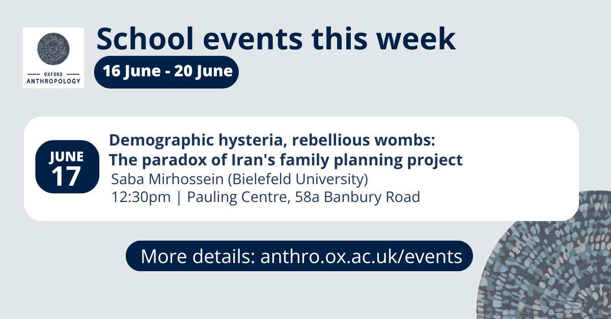 To round off the term we've got one final event as part of the Fertility and Reproduction Studies Seminars⬇️
Speaker: Saba Mirhossein (Bielefeld University)

📅 12.30pm, 17 June

Find out more: anthro.ox.ac.uk/event/demograp…