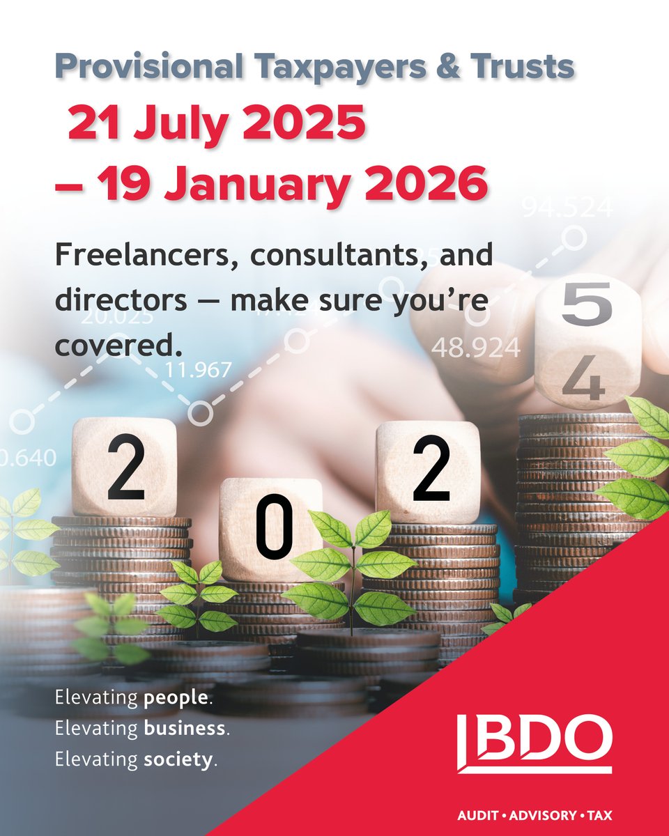 It's almost filing season!

Whether you’re a employee, business owner or trustee, make sure you know your due dates and file on time. Need help navigating it all? Our BDO tax experts are ready to assist.

To find out more, click here: bdo.co.za/en-za/services…

#BDOSA #BDOElevates