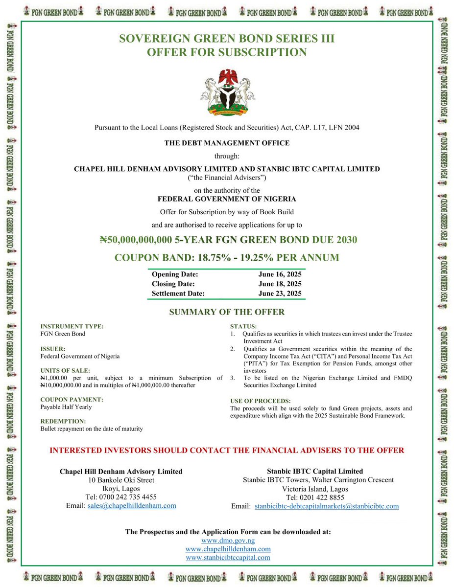 DMO Nigeria (@dmonigeria) on Twitter photo The Series III FGN Green Bond is open for subscription
Coupon Band - 18.75% - 19.75%
To invest, contact <a href="/ChapelHillNg/">Chapel Hill Denham</a> or <a href="/StanbicIBTC/">Stanbic IBTC</a>
Offer closes tomorrow! The Series III FGN Green Bond is open for subscription
Coupon Band - 18.75% - 19.75%
To invest, contact <a href="/ChapelHillNg/">Chapel Hill Denham</a> or <a href="/StanbicIBTC/">Stanbic IBTC</a>
Offer closes tomorrow!